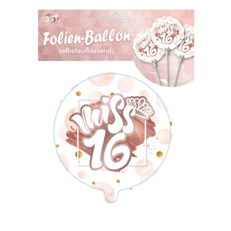 Udo Schmidt Ballon Miss 16 selbstaufblasend 3-tlg aus Kunststoff stilvolle Geburtstagsdekoration für den 16. Geburtstag